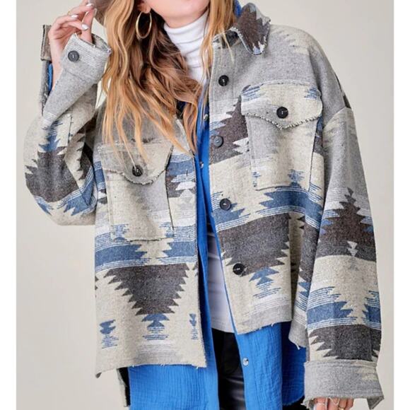 LA MIEL Jackets & Blazers - NWT La Miel Aztec Oversized Shacket Blue Grey Southwestern Frayed Hem Large